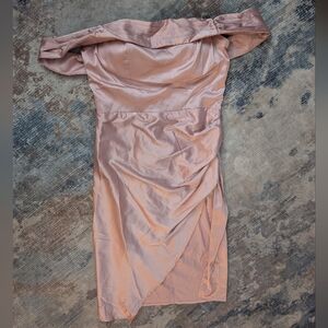 Fashion Nova Blush Satin Off-Shoulder Mini Dress